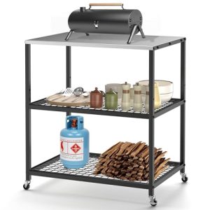 Stainless Steel Grill Cart with Adjustable Shelves and Lockable Wheels