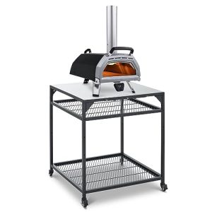 Stylish Carbon Steel Pizza Oven Table with Adjustable Shelves