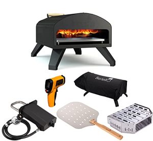 Gas & Wood-Fired Outdoor Pizza Oven Bundle – Portable 12 Inch Brick Oven with Gas Burner, Peel, Wood Tray, Cover, & Thermometer