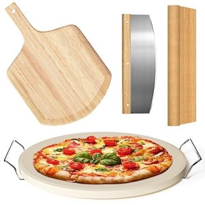 5-Piece Round Pizza Stone Set with Oak Peel, Cutter