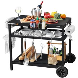 Outdoor Grill Cart - Three-Shelf Movable BBQ Trolley with Accessories, Solid Steel, Black