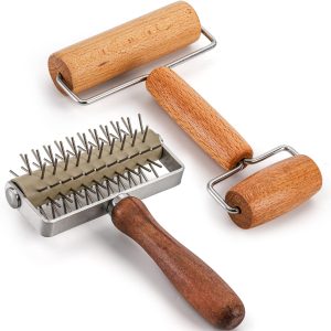 Stainless Steel Pizza Dough Roller & Docker Set – Wooden Rolling Pin for Perfect Crusts