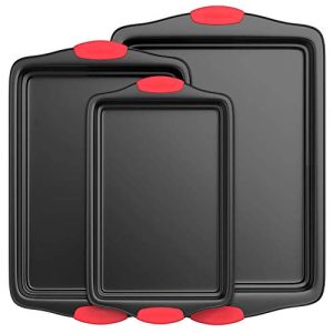 NutriChef Non-Stick Bakeware Set with Red Silicone Handles - 3-Piece Deluxe Cookie Pan Collection