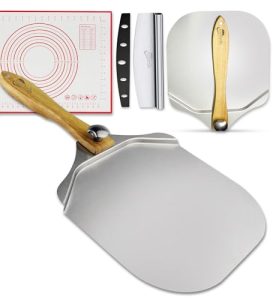 12-Inch Aluminum Pizza Peel with Foldable Wooden Handle – Pizza Paddle with Free Pizza Making Accessories
