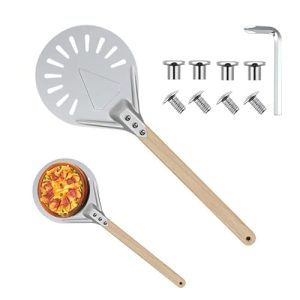 Wood-Handled Aluminum Perforated Pizza Peel - 7-Inch Metal Paddle for High Heat Baking