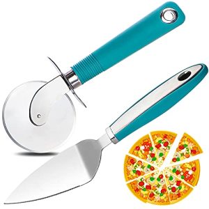 Professional Pizza Cutter Wheel & Pie Server Set with Non-Slip Green Handle