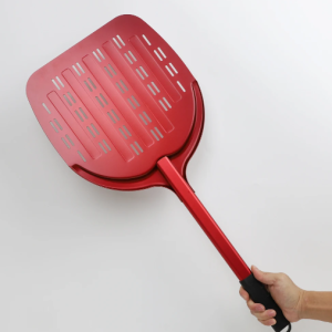 12 and 14-inch perforated pizza peels with long handles and non-slip silicone grips, ideal for turning pizzas in hot ovens and ensuring crispy crusts.