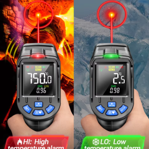 Infrared Temperature Gun with reverse screen and adjustable emissivity, ideal for industrial surface temperature readings. 