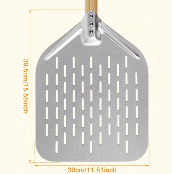 Lightweight metal pizza shovel with wooden handle, featuring a hollow-out design and non-stick surface, perfect for baking and transferring pizzas, cakes, and scones.