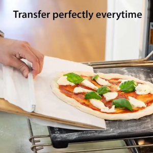 Premium Sliding Pizza Peel with a non-stick surface and ergonomic handle, designed for easy pizza transfers, made from food-grade ABS and high-temperature cloth.