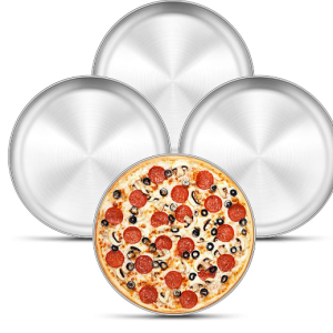 Set of four stainless steel 12-inch pizza trays with smooth rolled edges, designed for even heat distribution and versatile use in baking, roasting, and serving.