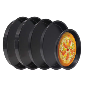 Round non-stick carbon steel pizza pan, perfect for baking pizzas and other dishes, available in multiple sizes for versatile cooking. 