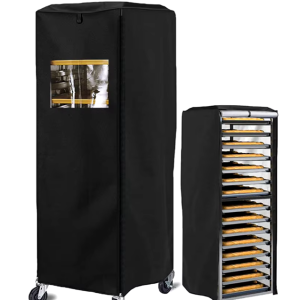 Waterproof black commercial baker's rack cover with PVC window, ideal for outdoor and indoor protection against dust, rain, and oxidation.